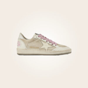 Golden Goose - Sneakers beige con estrella blanca y talón blanco, agujetas rosas