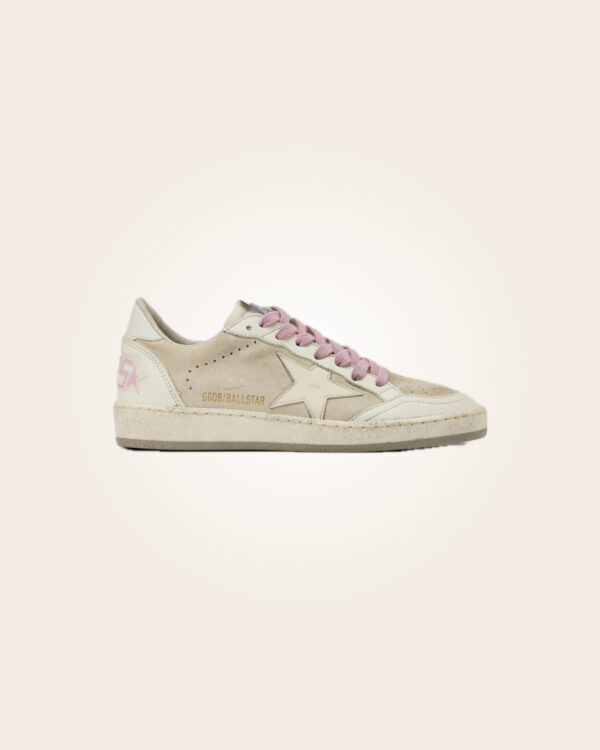 Golden Goose - Sneakers beige con estrella blanca y talón blanco, agujetas rosas