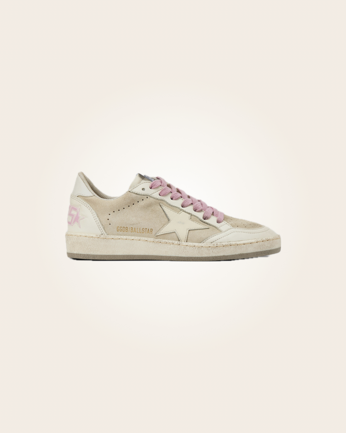 Golden Goose - Sneakers beige con estrella blanca y talón blanco, agujetas rosas: imagen 1