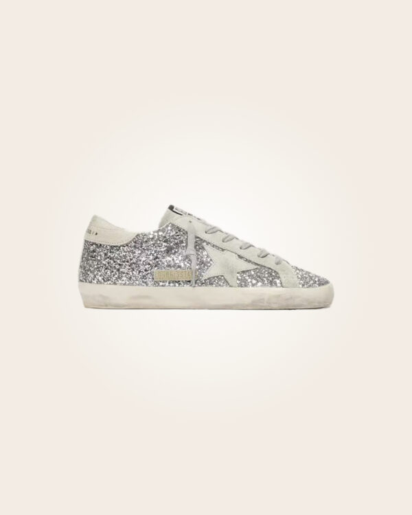 Golden Goose - Sneakers purpurina gris con estrella blanca y talón blanco