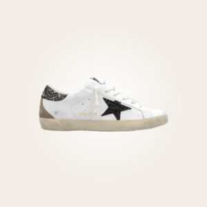 Golden Goose - Sneakers blancos con estrella negra y talón purpurina gris