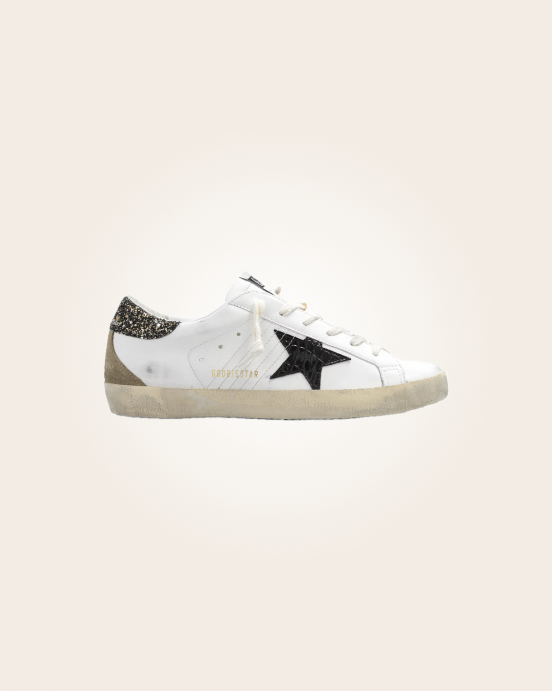 Golden Goose - Sneakers blancos con estrella negra y talón purpurina gris: imagen 1